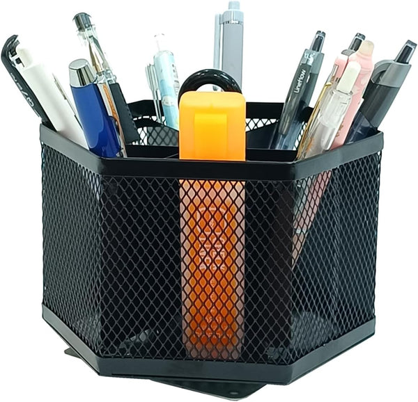SETTFRFE Hexagon 360° Rotating Pen Organizer for Desk, 6 Compartments Mesh Pen Caddy, Black