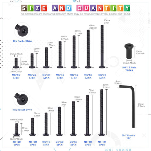 Glarks 141Pcs M6x16/ 20/25/ 30/35/ 40/45/ 50/55/ 60/65/ 70/75/ 80mm Countsunk Black Hex Drive Socket Cap Bolts Kit