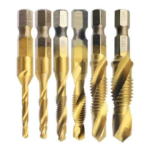 6 Pcs Metric Thread M3-M10 Screw Tapping Tool, 1/4" Hex Shank Titanium Plated HSS Combination Drill and Tap Set