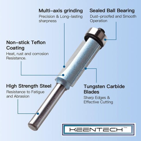 KEENTECH Router Bits, 1/2" Shank Flush Trim Router Bit, Extra Long Bearing Carbide Tipped Pattern Bit