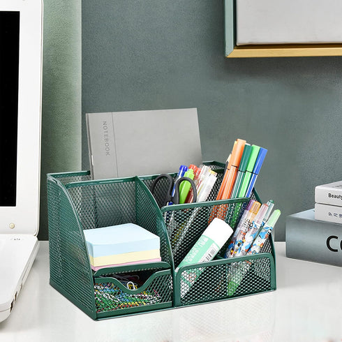 VANRA Office Supply Caddy, Metal Mesh Desktop Supplies Organizer, School Supply Holder with 6 Compartments and Drawer