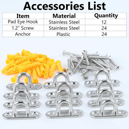 12 Pcs Pad Eye Hooks, 1.8 inches Stainless Steel Screw Hooks, Plant Hangers with Screws Anchors for String Lights