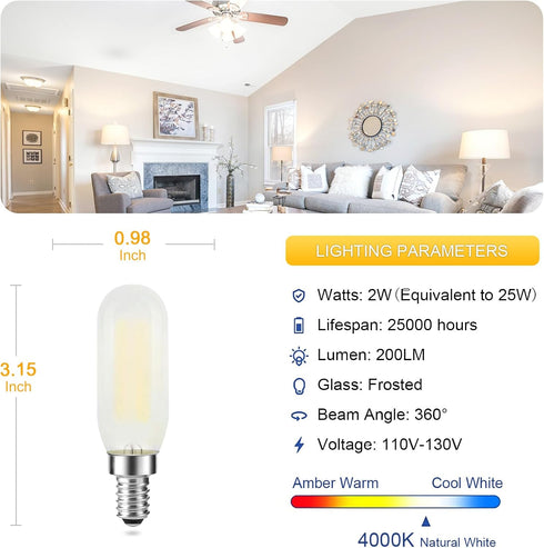E12 Bulb Dimmable, T6/T25 Bulbs 25W 4000K Bulbs, 2W, 200LM, E12 Bulbs, 4 Pack Frosted LED Candelabra LED Light