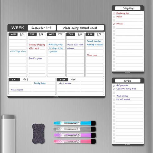 Weekly Dry Erase Board for Refrigerator, Magnetic Calendar Planner Set with 2 List Whiteboards, Markers & Eraser