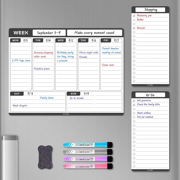 Weekly Dry Erase Board for Refrigerator, Magnetic Calendar Planner Set with 2 List Whiteboards, Markers & Eraser