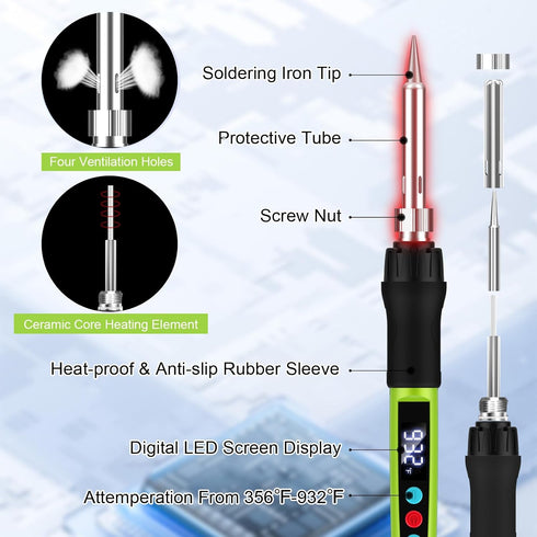 Soldering Iron Kit, 100W Soldering Gun with LED Digital Display, Adjustable Temperature 356-932 Solder Kit for Electronics, Includes Soldering Iron Tip, Solder Wire, Stand, Tweezers and Paste, Green by Crtsweker