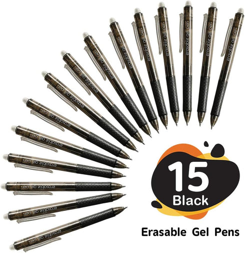 Erasable Gel Pens, 15 Pack Black Retractable Fine Point Pens, Make Mistakes Disappear, Black Inks for Writing