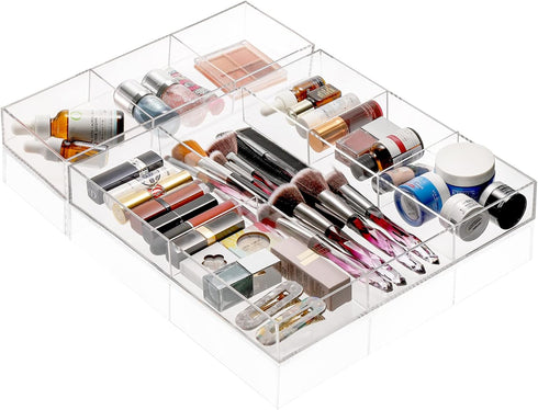 Peohud 2 Pack Acrylic Drawer Organizer Tray, 6/3 Section Clear Makeup Tray for Drawer, Office Desk Supplies