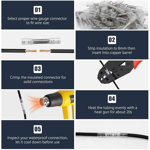 Heat Shrink Butt Connectors, 500Pcs 26-24 AWG Waterproof Electrical Wire Crimp Terminals for Automotive