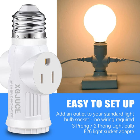 3 Prong Light Socket to Plug Adapter, E26 Outdoor Light with Outlet, E27 Light Bulb to 2/3 Prong Splitter