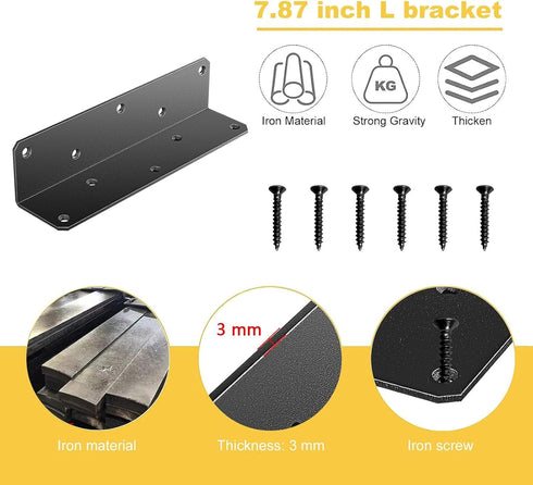 8" 2" 2" 3mm (Black-4PCS) x x L Brackets Heavy Duty, Large Iron Corner Bracket Metal Joint, Thickness Including Screws