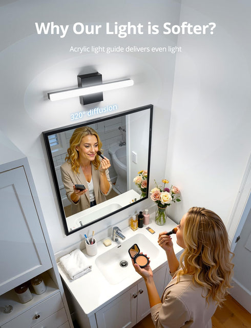 16 Inch 9W IP44 6000K Combuh LED Bathroom Light Fixtures Over Mirror, Black Vanity Light Bar for Bathroom, Modern Bath