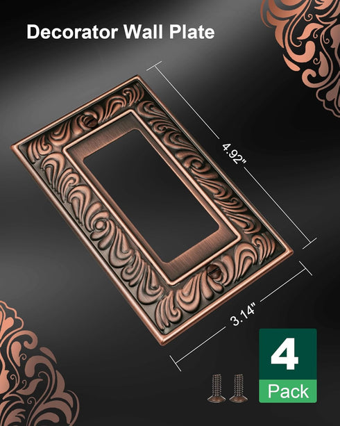 4-Pack Paisley Pattern Decorative Outlet Cover Plate, Antique Copper Metal Wall Plate for Electrical Outlets