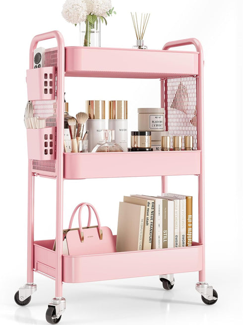 TOOLF Rolling Carts with Wheels, 3 Tier Metal Storage Organizer for Bathroom Kitchen, Pink Utility Cart