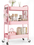 TOOLF Rolling Carts with Wheels, 3 Tier Metal Storage Organizer for Bathroom Kitchen, Pink Utility Cart