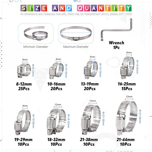 Glarks 120Pcs 304 Stainless Steel Hose Clamps Assortment Kit, Adjustable 8-44mm Worm Gear Clamps for Plumbing,