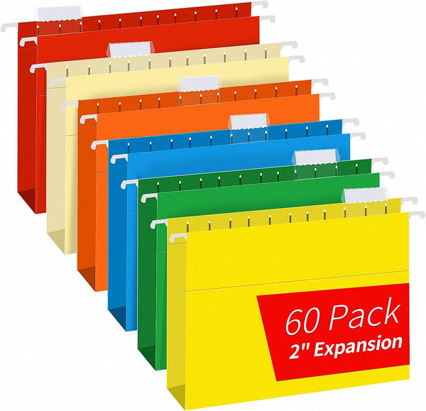 RAZCC Extra Capacity Hanging File Folders, 60 Pack, Letter Size, Reinforced with Heavy Duty 2 Inch Expansion, Assorted