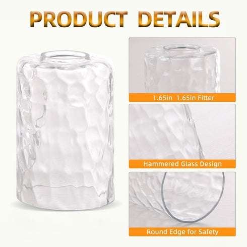 Hammered 1 Pack 1-5/8 Inch Fine Glass Lamp Shade Replacement Fitter Water Ripple Cylinder Design Cover for Pendant