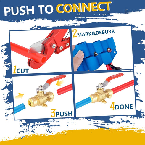 1/2 Inch Push-fit Drop Ear Ball Valve with Drain, Full Port Brass Shut off Ball Valve, Pack of 2 for Copper, PEX, CPVC