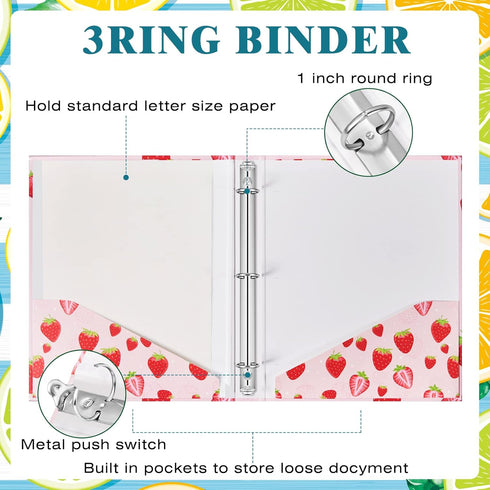 Fainne 4 Pcs Cute 1 Inch Fruit 3 Ring Binder with Interior Pockets for School Office, 9.84 x 1.57 x 12 Inch