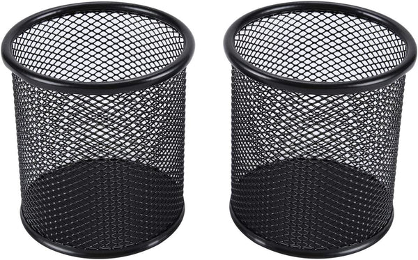 EasyPAG 2-Pack Metal Mesh Pen Holder - 3.8" Desk Organizer for Office/Home/School, Black with Non-Slip Base