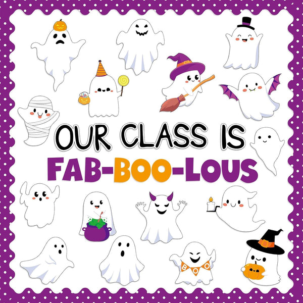 Halloween Bulletin Board Decoration Set, Cute Ghost Paper Cutouts and Blackboard Border for Classroom Chalkboard Decor