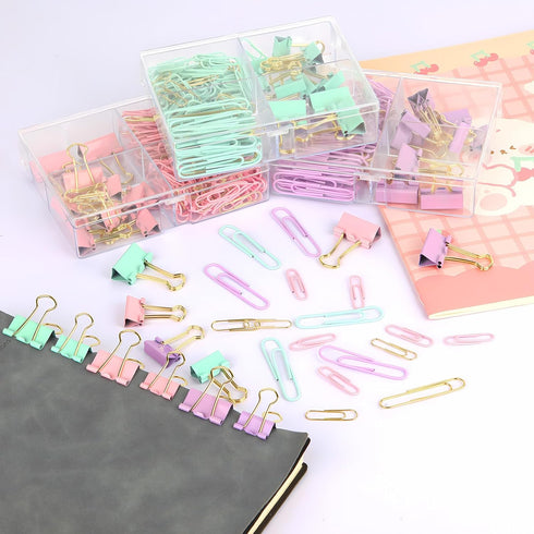 Cute Paper Clips and Binder Clips Combo Set, 165 Pcs Assorted Size Office Supplies, Green