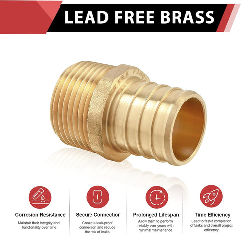 EFIELD Pex Barb Crimp Brass Fittings (Pack of 5) 3/4 Inch x 1/2 Inch Male NPT Adapter, ASTM F1807