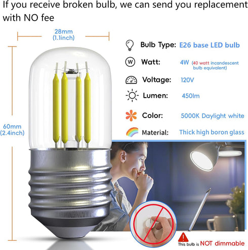LED Refrigerator Light Bulb 40W Equivalent, 4W Appliance Bulb E26 5000k Daylight White Replacement for Freezer