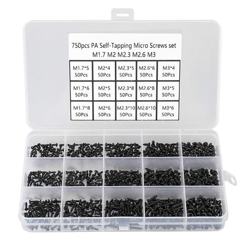 750 Pcs Small/Micro/Tiny/Mini Self-Tapping Screws - M1.7-M3 Phillips Pan Head, Cross Recessed, Carbon Steel (Black)