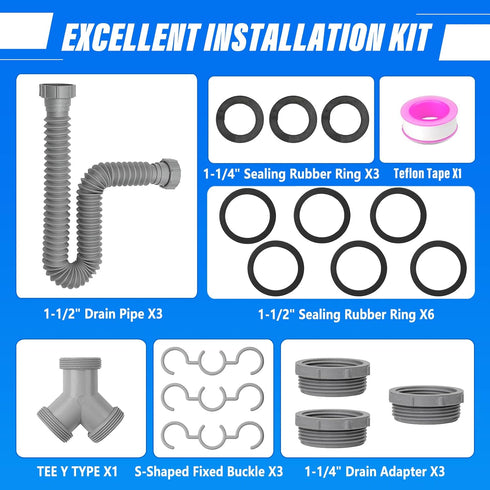 Double Sink Drain Kit, Flexible Sink Drain Pipe P Trap 1-1/2 & 1-1/4 Fits Kitchen Bathroom, Gray