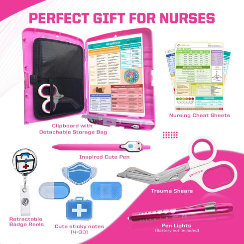 Nursing Kit Nurse Accessories for Work | Trauma Shears, Clipboard with Storage, Badge Reel, Pen Light, Sticky Notes