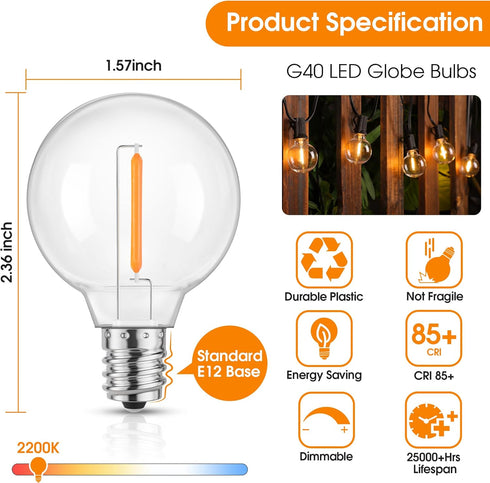 Mlambert G40 LED Replacement Light Bulbs for String Lights, Dimmable E12 Base Shatterproof Bulbs, 1W Equal to 5W, Amber