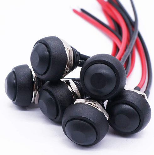 Twidec 6Pcs Momentary Push Button Switch - 12mm On Off Mini Round Waterproof Black with Pre-soldered Wires