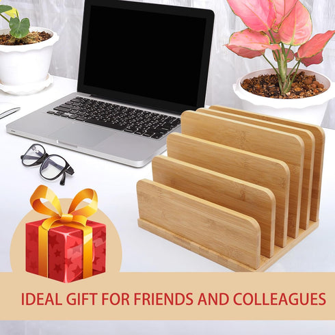 Desk File Mail Organizer, 5 Slots Bamboo Folder Sorter for Letter, Envelope, Paper, Desktop Tray