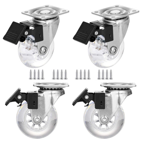 2" Caster Wheels Set of 4, Heavy Duty with Brake, Crystal Clear Swivel Plate Castors, No Noise Locking