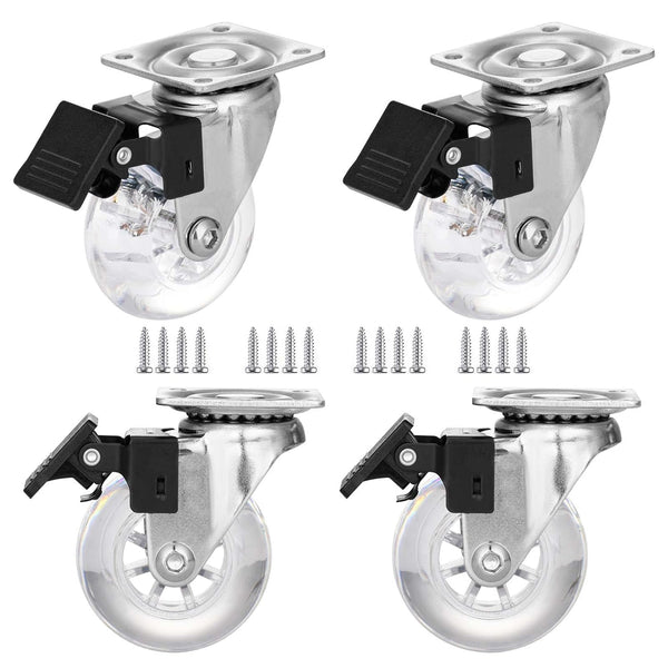 2" Caster Wheels Set of 4, Heavy Duty with Brake, Crystal Clear Swivel Plate Castors, No Noise Locking