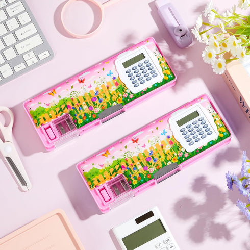 Henoyso Pencil Box with Calculator and Pencil Sharpener, Multifunction Cool School Supplies for Kids, Teens (Flower)
