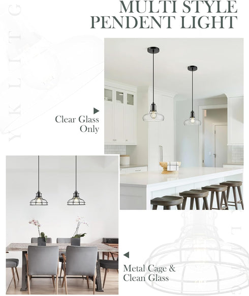 8.7", Industrial Pendant Lights Kitchen Island Black Hanging Light Fixtures with Clear Glass and Metal Cage, Farmhouse