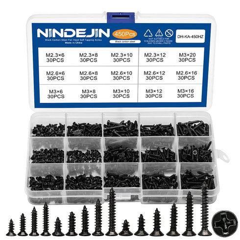 NINDEJIN 450 PCS Miniature Screws Assortment Set, Phillips Flat Head M2.3 M2.6 M3, Black Self-Tapping for Electronics