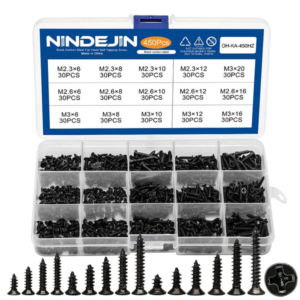 NINDEJIN 450 PCS Miniature Screws Assortment Set, Phillips Flat Head M2.3 M2.6 M3, Black Self-Tapping for Electronics