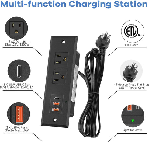 Kungfuking 20W 2 1 6.56FT Recessed Power Strip with PD USB C, Desk Outlet with USB-A and USB-C Ports, Recessed Power
