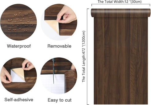 12"x472" CHIHUT Realistic Walnut Wood Grain Contact Paper Peel and Stick Removable Brown Wood Wallpaper for Kitchen