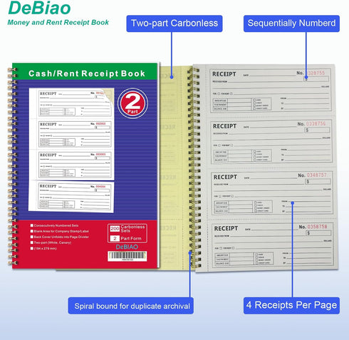 DeBiao 2-Part 7-5/8" 11" 200 Sets 4 (2 Packs) Money and Rent Receipt Book Carbonless x Spiral Bound per Book Receipts
