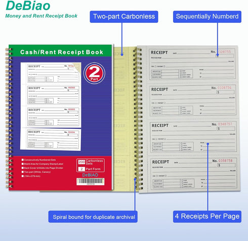 DeBiao 2-Part 7-5/8" 11" 200 Sets 4 (1 Packs) Money and Rent Receipt Book Carbonless x Spiral Bound per Book Receipts