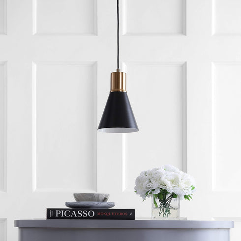 6" 1-Light Bulb JYL6131A JONATHAN Y Black/Brass Gold Apollo Mid-Century Modern Iron LED Pendant, Black Metal Shade
