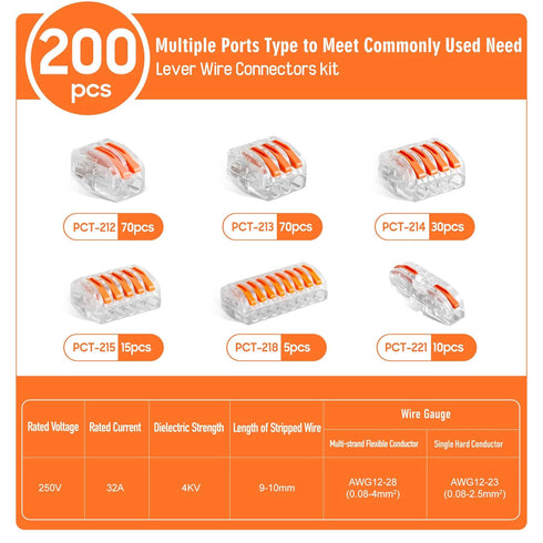 Kuject 200PCS Lever Wire Nuts Connectors Kit, Electrical Push-in Connectors with 2/3/4/5/8 Conductor Combinations