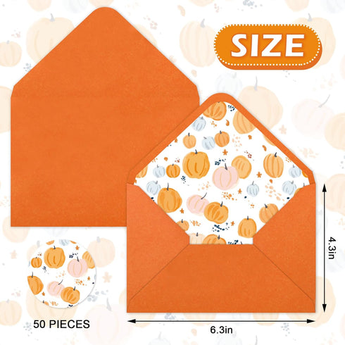 Whaline 50Pcs Fall Invitation Envelopes, Orange Pumpkin Greeting Card Holders with Stickers, V-Flap Envelopes Gift Card