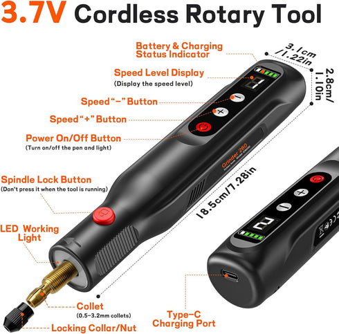 SYNAMENO 20000RPM, 5-Speed 113 Cordless Rotary Tool Kit Rechargeable Engraving Pen for Metal, Wood, Glass and Plastic
