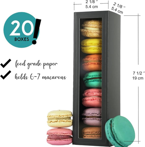 Elegant Rectangular Macaron Box, 20 Packs, 6 Macarons Storage Box, Black, 2.125 x 2.125 x 7.5 inches